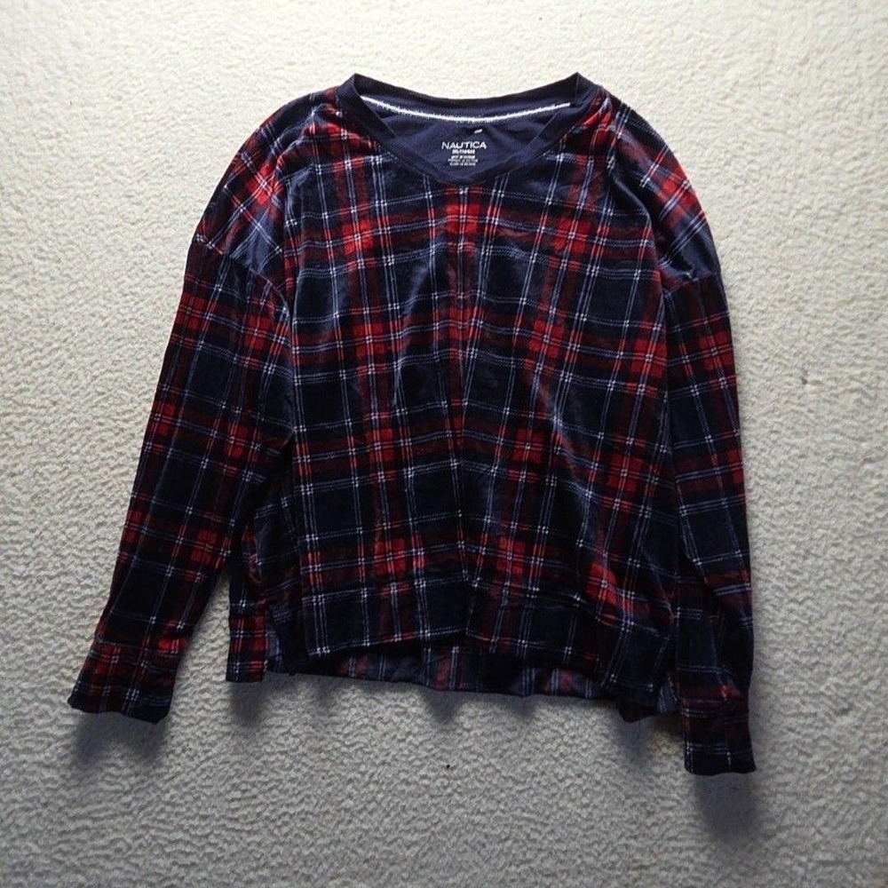 Nautica Sleepwear Shirt Mens 2XL Blue Red Plaid Fleece Long Sleeve Pajama Top
